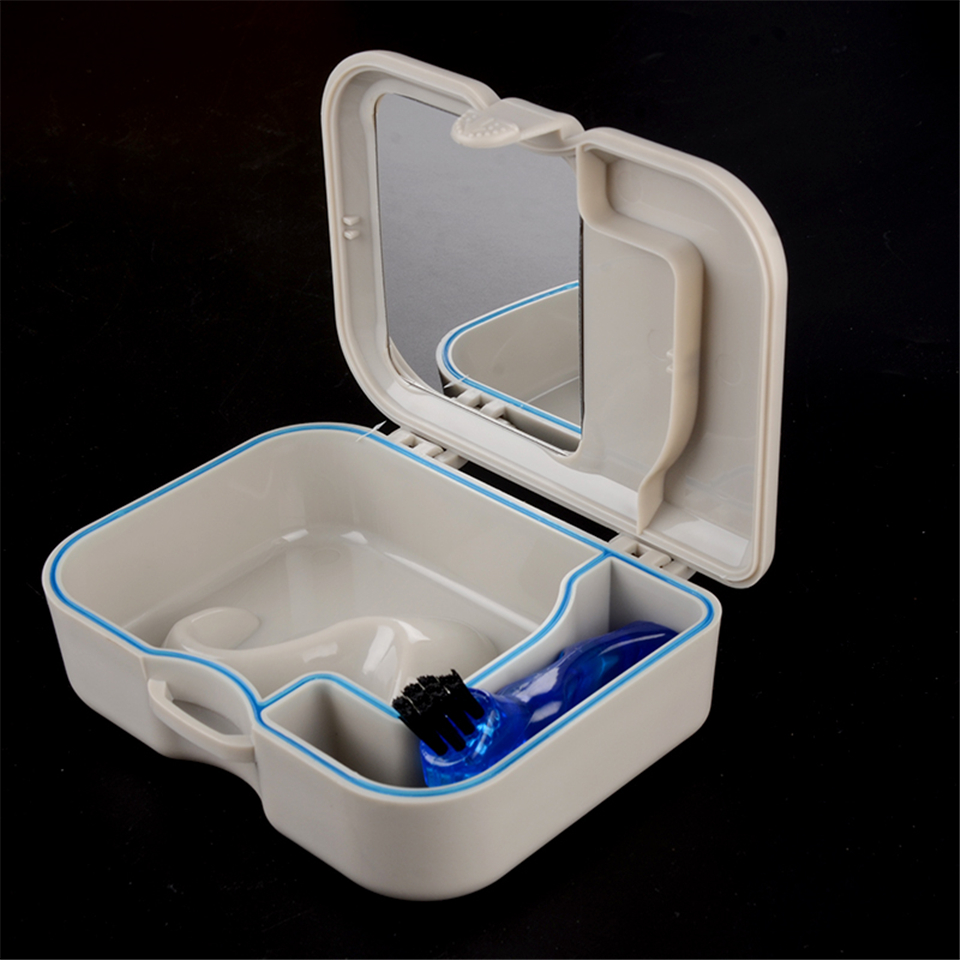Plastic Denture Storage Box  False Teeth Case with Mirror and Brush
